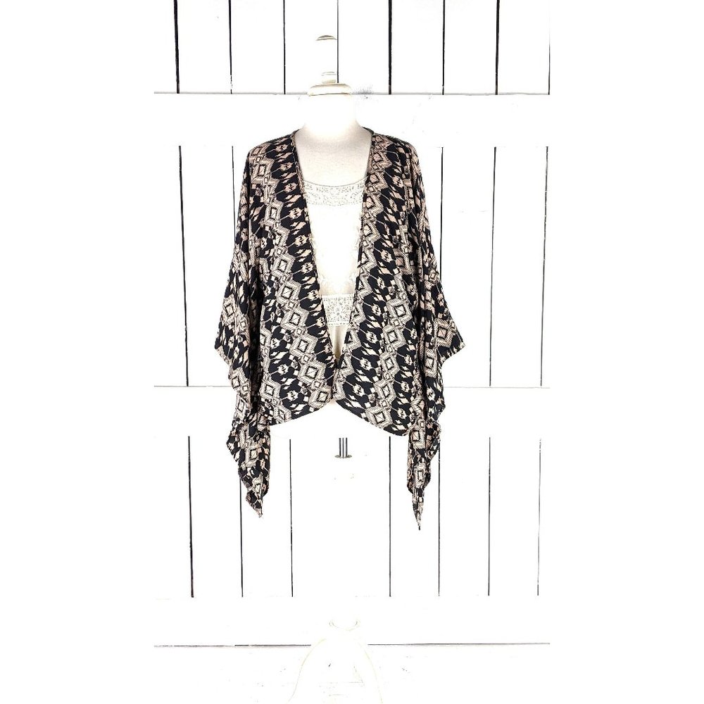 90s vintage black beige tribal Aztec print kimono cover up jacket